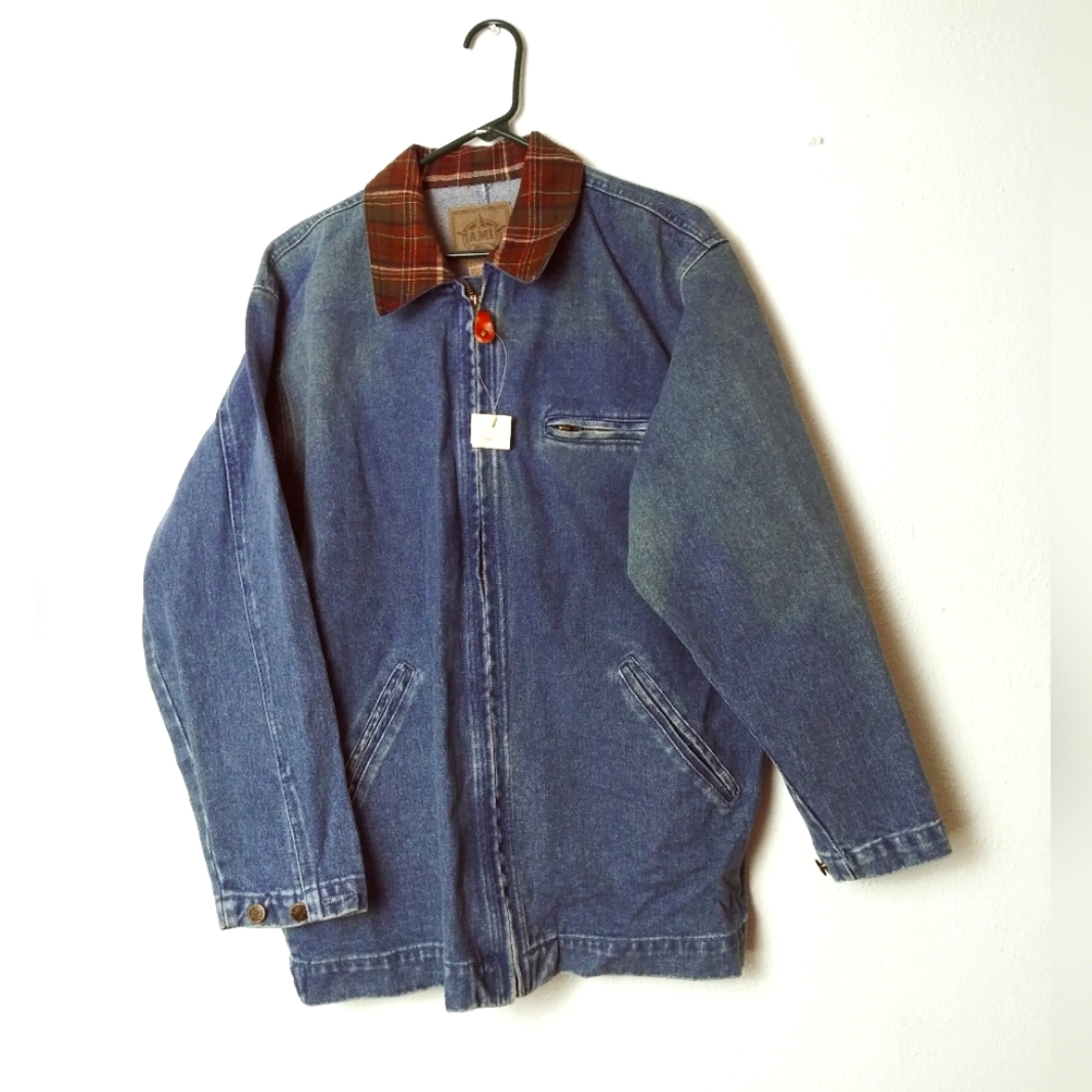 A.M.I. Denim Jacket with Plaid Collar Men's Size XL Blue Trucker Barn Jacket